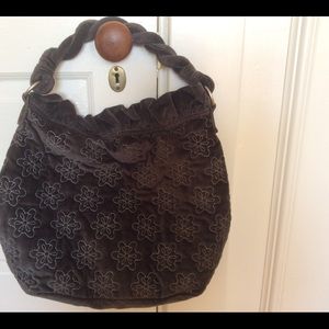 Old Navy Gray velveteen quilted handbag with embroidered flowers zippers